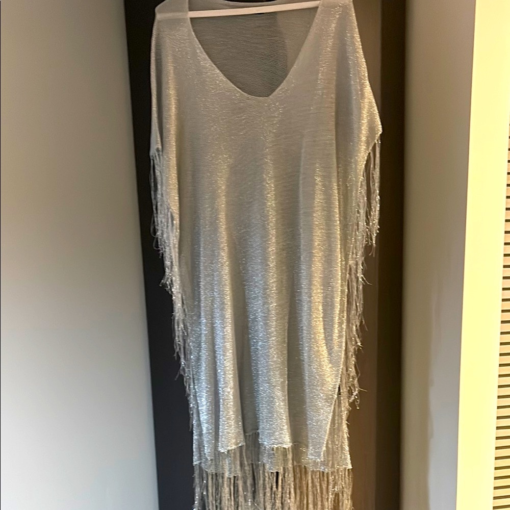 Silver Metallic Fringe Caftan/Dress/Cover Up